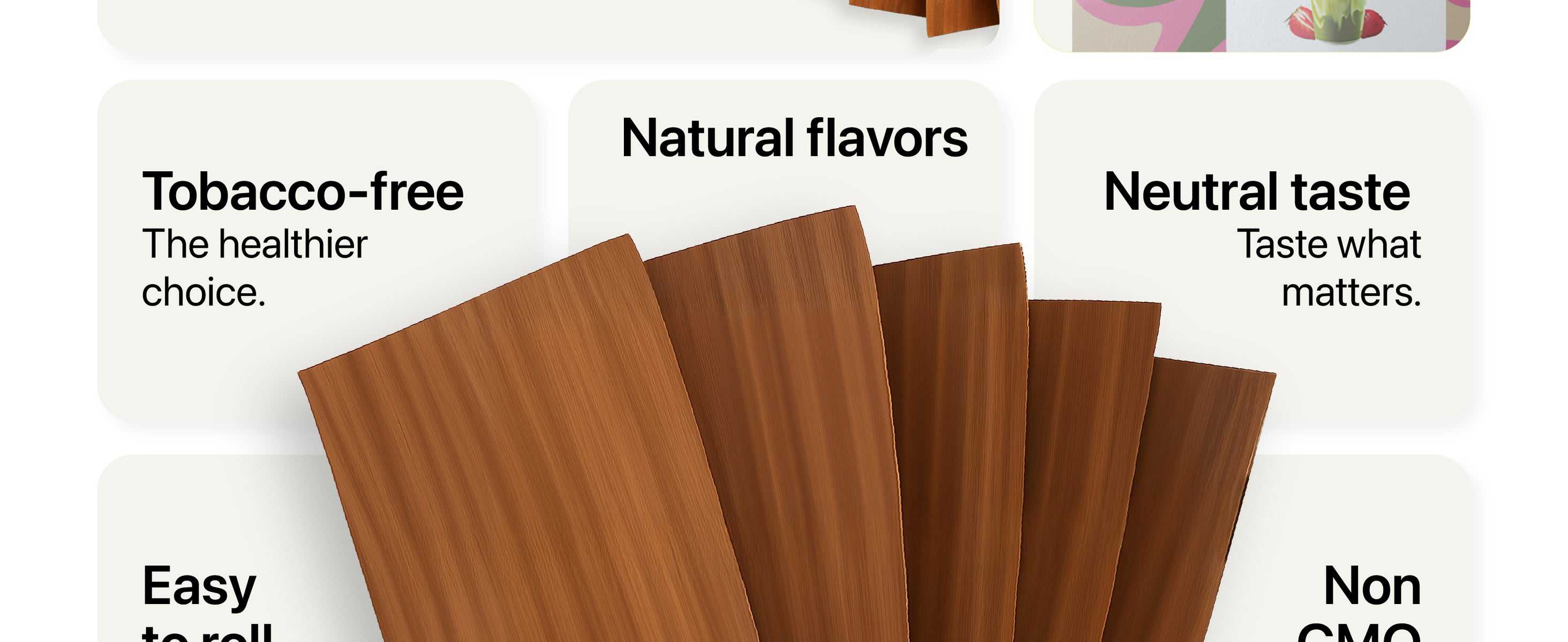 Four brown rolling papers shown with text boxes listing features: natural flavors, neutral taste, easy to roll, non-GMO, tobacco-free.