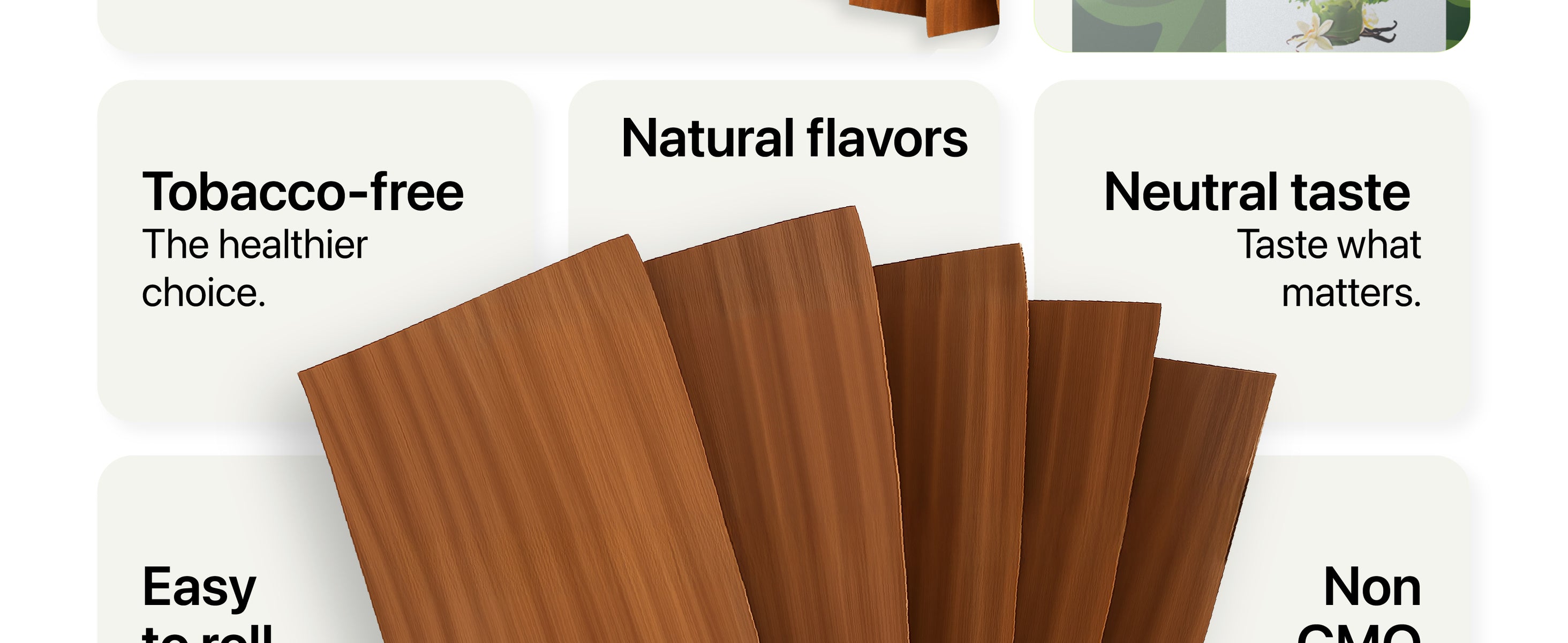 Five brown, leaf-shaped rolling papers are displayed with text boxes listing features including natural flavors and non-GMO. A plant is partially visible above.