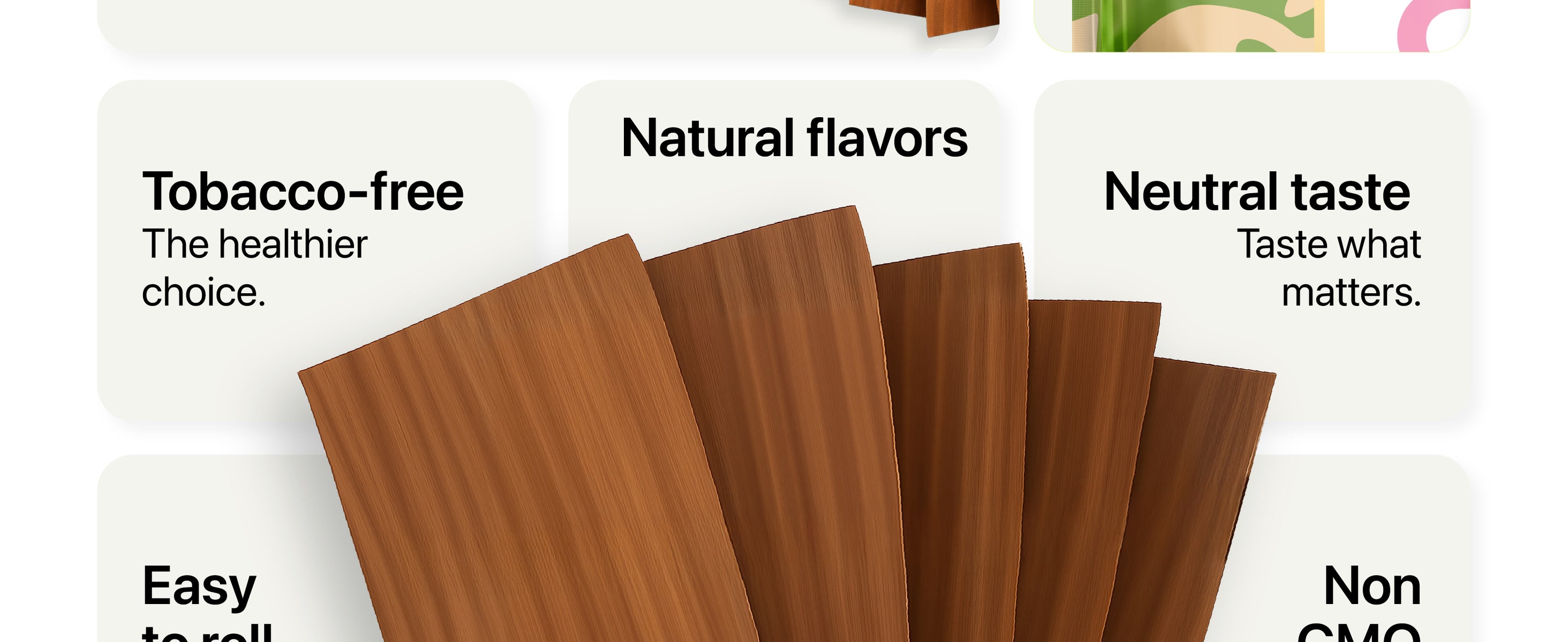 Wooden sheets on a white background with labels showing features: natural flavors, neutral taste, easy to roll, non-GMO, and tobacco-free.