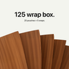 Five brown Camo wraps are fanned out beneath text that reads “125 wrap box. 25 pouches × 5 wraps,” on a plain, light background.