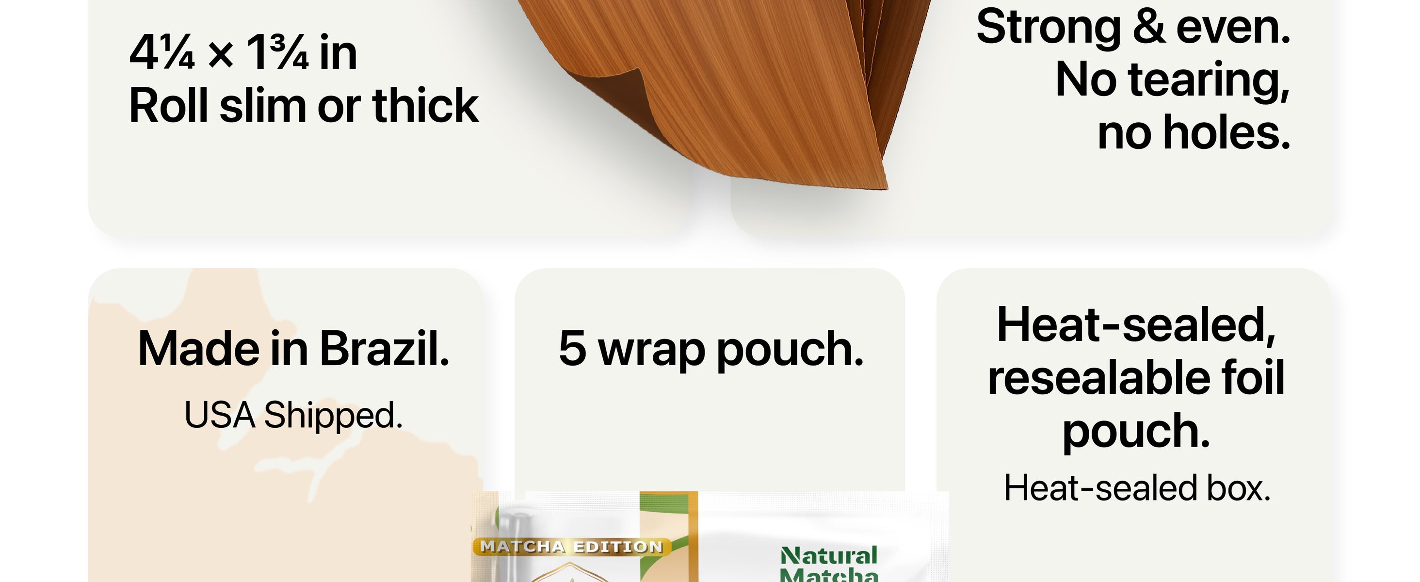 A graphic displays details of a wooden wrap: 4¼ × 1¾ inches, strong and tear-resistant, made in Brazil, sold in a 5-pack resealable foil pouch.