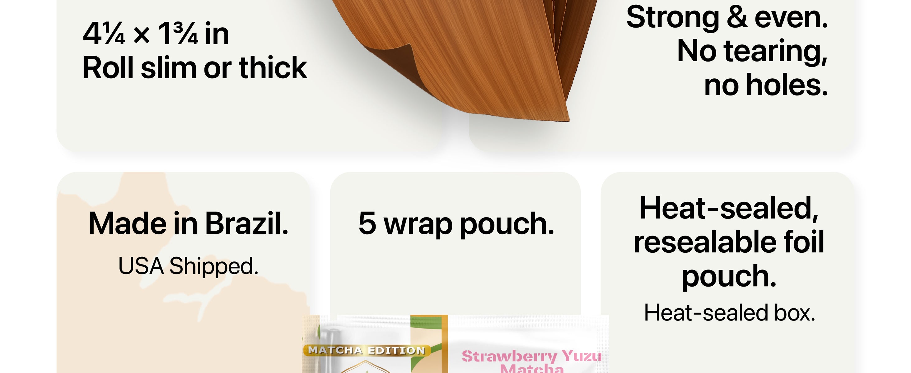 Product packaging closeup shows roll sizes, strength, Brazil origin, a 5-wrap pouch, and a heat-sealed resealable foil pouch with rolled products pictured below.