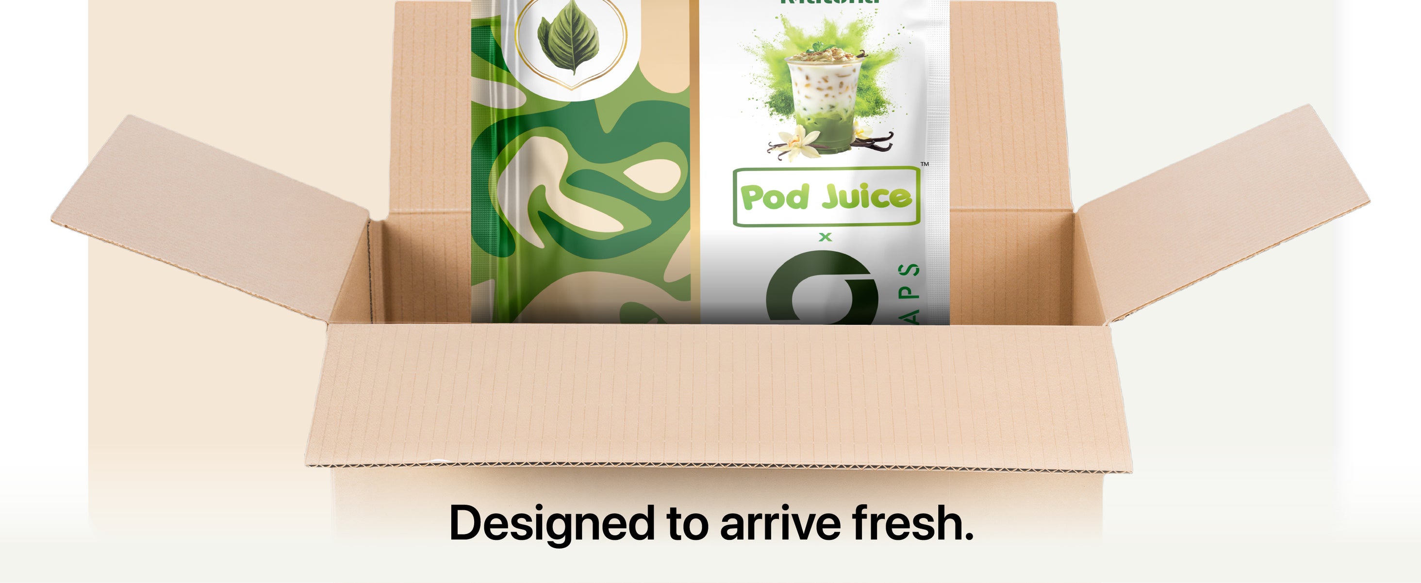 Open cardboard box with a Pod Juice product in green and white packaging; text below reads, Designed to arrive fresh and convenient.