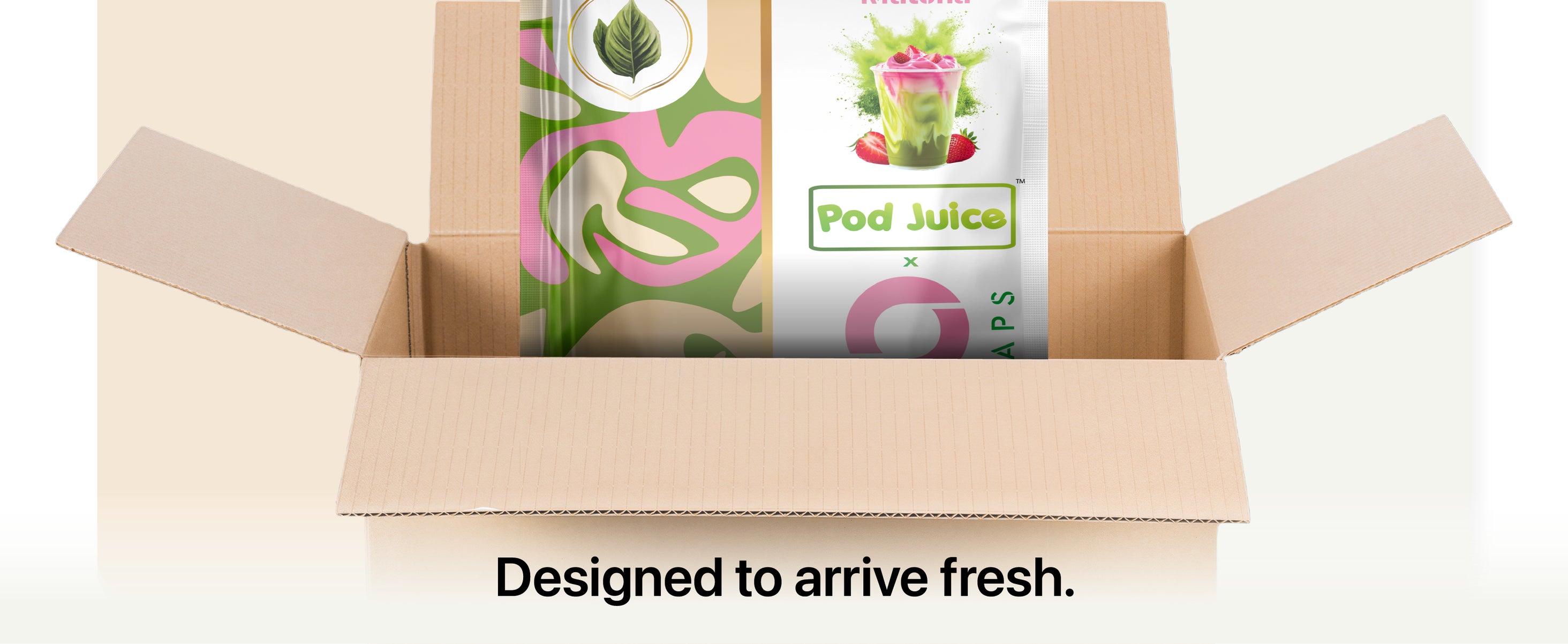 An open cardboard box holds colorful packages labeled Pod Juice, with text below stating, Designed to arrive fresh.
