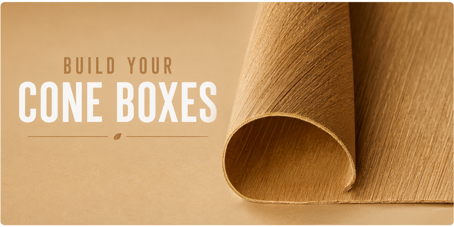 A sheet of textured brown paper rolled at one end lies next to the words Build Your Cone Boxes on a beige background.