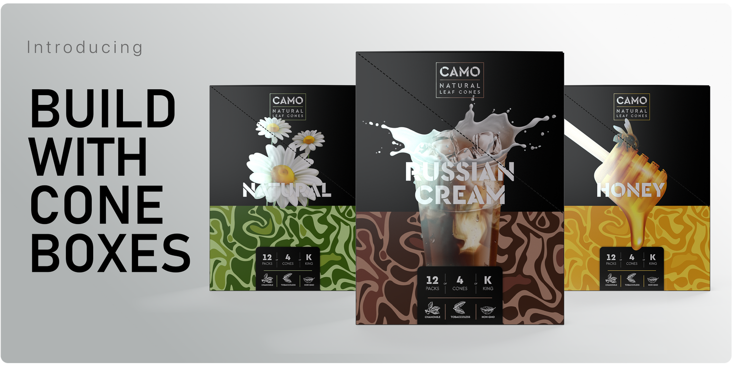 Three CAMO Natural Leaf Cones boxes in Natural, Russian Cream, and Honey flavors are shown with abstract designs and product features. Text on the left introduces Build With Cone Boxes.