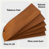 Five brown Camo wrap sheets are fanned out on a white background, labeled as natural flavor, easy to roll, and carefully crafted.