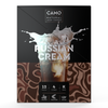A box of CAMO Natural Leaf Cones in the Russian Cream flavor, featuring a creamy splash over an iced beverage, brown swirling graphics, and icons indicating 12 packs, 4 king-size cones per pack, and non-GMO.