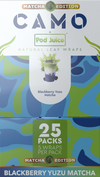 Camo Build With Wrap Boxes in green, blue, and teal camouflage patterns, highlighting Blackberry Yuzu Matcha flavor; each box has 25 packs of five natural leaf wraps.