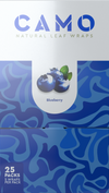 Box of Build With Wrap Boxes by Camo in blueberry flavor, showing blueberries, blue camouflage pattern, and text for 25 packs with 5 wraps each.