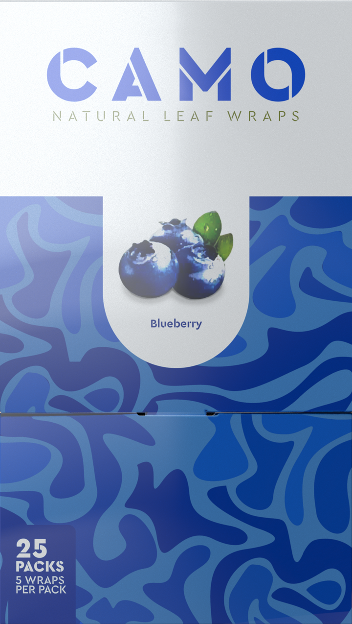 Box of Build With Wrap Boxes by Camo in blueberry flavor, showing blueberries, blue camouflage pattern, and text for 25 packs with 5 wraps each.