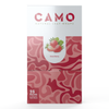 Box of Camo Fruit Series Natural Leaf Wraps in strawberry flavor, featuring strawberry images and red camouflage. Contains 25 packs with 5 wraps each.