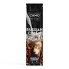 Tall black package labeled Russian Cream Natural Leaf Cones, featuring an image of a creamy iced coffee drink with milk pouring in. Brown design accents decorate the bottom of the packaging.