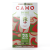 Box of Camo Cherry Matcha natural leaf wraps featuring red, green, and tan camo packaging with images of matcha and cherries. The box states 25 packs with 5 wraps per pack.