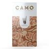 Box of CAMO Natural Leaf Wraps in the Russian Cream variety, showcasing a drink graphic. The predominantly white box displays brown abstract designs and gold lettering. Each box includes 25 packs, each containing 5 wraps.