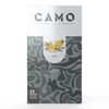 A box of CAMO Natural Leaf Wraps in the Vanilla flavor, featuring a camouflage pattern, an image of vanilla flowers, and text indicating there are 25 packs with 5 wraps in each pack.