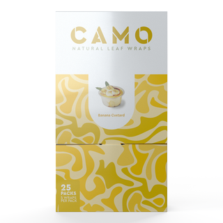White and yellow box of Camo Banana Custard Natural Leaf Wraps with banana custard dessert image; 25 packs, 5 wraps per pack.