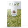 A green, camouflage-patterned box of CAMO Natural Leaf Wraps in the Dubai Chocolate flavor, featuring an image of chocolate pieces and nuts—each box contains 25 packs with 5 wraps per pack.