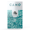 Box of CAMO Natural Leaf Wraps in Mint Chocolate Chip flavor, featuring a teal and white abstract pattern, an image of mint and chocolate chips, and text indicating 25 packs with 5 wraps per pack.