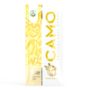 Camo Build Your Wrap Box in yellow and white, labeled Banana Custard flavor, shows a bowl of banana custard, chamomile flowers, and contains five chamomile wraps.