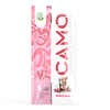 A pack of Cherry Cola flavored CAMO Natural Leaf Wraps, displaying pink abstract patterns, a chamomile wraps label, an illustration of a drink with cherries, and a small green logo at the top.