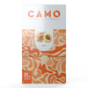 Camo Peach Natural Leaf Wraps box featuring peaches and an orange abstract design; 25 packs per box, each with 5 wraps.