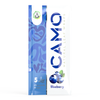 Camo Fruit Series Natural Leaf Wraps packaging in blue and white shows a blueberry image, labeled “Blueberry,” with 5 chamomile wraps inside. The package has a resealable label and abstract blue designs.