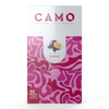 A box of CAMO Natural Leaf Wraps in the Passion Fruit flavor. The packaging displays pink camouflage designs along with a passionfruit image. The text indicates there are 25 packs, each containing 5 wraps.