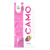 Pink and white package of Camo Grape Natural Leaf Wraps shows grape and chamomile leaf images, grape flavor, and contains 5 wraps.