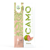 Camo Guava Natural Leaf Wraps pack with a guava illustration, leaf icon, and text noting 5 chamomile wraps in green, pink, and white packaging.