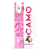 A pink and white package labeled “CAMO Natural Leaf Wraps – Passion Fruit,” featuring images of a passion fruit and chamomile flowers. The pack contains 5 chamomile wraps.