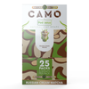 Camo Russian Cream Matcha Natural Leaf Wraps box with green, brown, and tan camouflage holds 25 packs, each containing 5 matcha-flavored wraps.