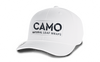 The Camo Silicone Logo Split-Panel Hat shows a rectangular silicone patch on the front with “CAMO NATURAL LEAF WRAPS” in bold black letters, displayed on a white background.