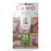 Box of Camo Strawberry Matcha Natural Leaf Wraps with a camouflage pattern, beverage illustration, and label showing 25 packs of 5 wraps each.