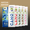 Five colorful CAMO Natural Leaf Wraps packs, Matcha Edition, are arranged in a row with flavors like Blackberry Yuzu Matcha. The packaging shows vibrant designs and features the words Self Rolling Wraps.