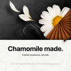 Chamomile flower with petals transforming into brown wrap sheets against a dark background; natural ingredients listed at the bottom.