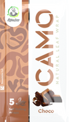 CAMO Natural Leaf Wraps package in choco flavor with a brown camouflage design, labeled 5 self rolling wraps, showing a chocolate piece and chamomile leaf icon.