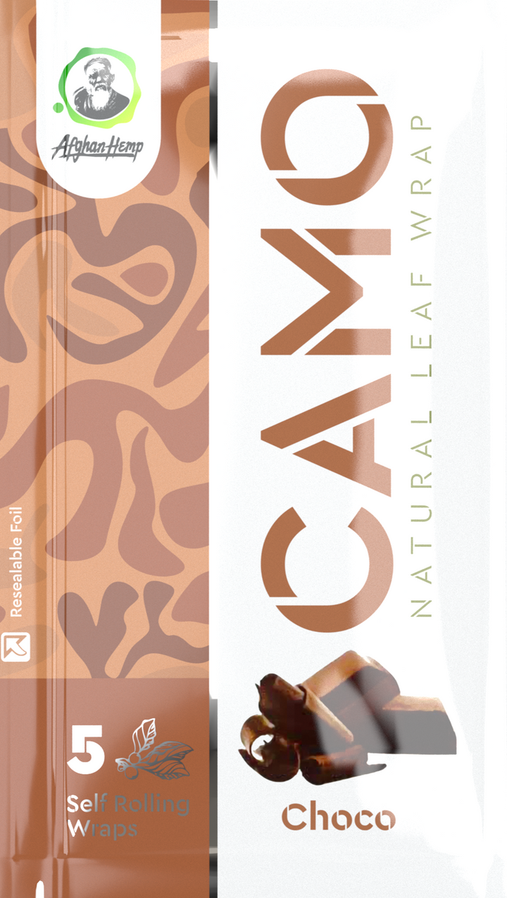 CAMO Natural Leaf Wraps package in choco flavor with a brown camouflage design, labeled 5 self rolling wraps, showing a chocolate piece and chamomile leaf icon.